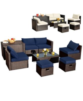 8 PCS Outdoor Wicker Furniture Set w/Storage Box Tempered Glass Table 2 Ottomans