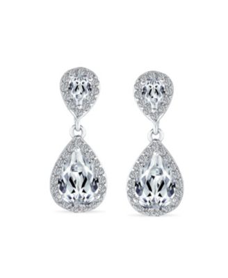 Classic Cocktail Pave Halo Cubic Zirconia CZ Double Solitaire Teardrop Dangle Earrings