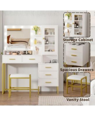 Large Makeup Vanity Set with LED Lighted Mirror, Stool, Shelves and Charging Station