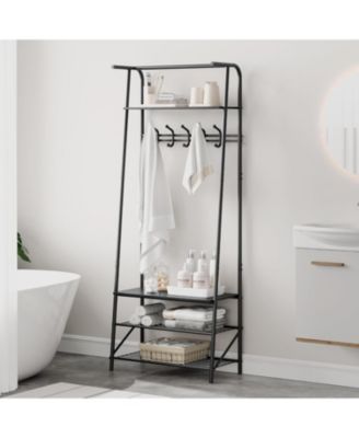 Hall Tree Coat Rack with Shoe Storage Bench, 5 Hooks, Metal Frame & Wood Look Design, 60cm Wide Entryway Organizer