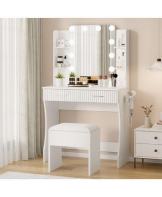 Modern Makeup Vanity Set with 12-LED Mirror, Stool, 2 Drawers, Shelves and Power Outlet