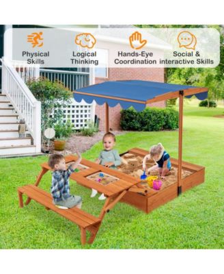 Kids Wooden Sand Box with Foldable Picnic Sensory Table and Bench
