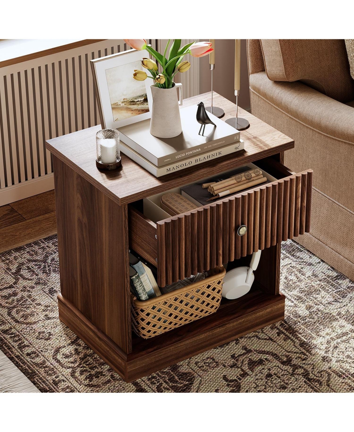 gaomon Fluted Nightstand with Drawer, Mid Century Modern Bedside Table Brown Nightstand with Storage