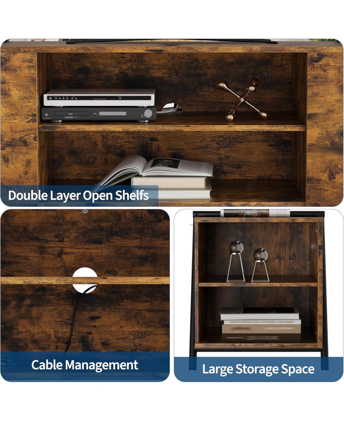 gaomon Tv Stand, Mid-Century Modern Console, Adjustable Shelf, Cable Management, Metal Legs