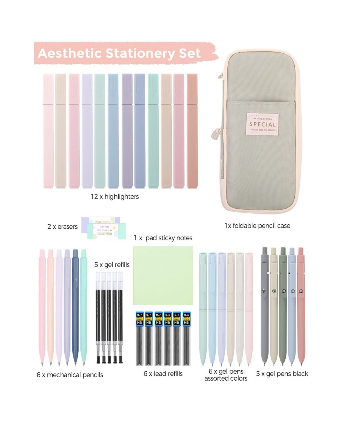 Htutwoo 44 Pcs School Supplies with Highlighters, Erasers, Pencil Case, Pad Sticky Notes, Mechanical Pencils