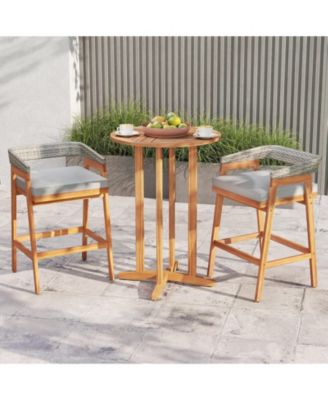 Set of 2 Patio Acacia Wood Counter Height Bar Stools with Cushions and Wicker Backs