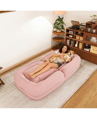 Streamdale Pink Upholstered Foldable Lazy Sofa Bed with 2 Pillows