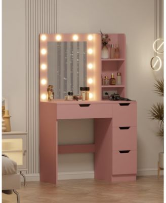 Kids Vanity Desk with 3-Color Touch Control Tri-Fold Lighted Mirror