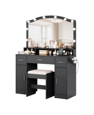 Makeup Vanity Desk with LED Lighted Mirror, 5 Drawers and Power Strip