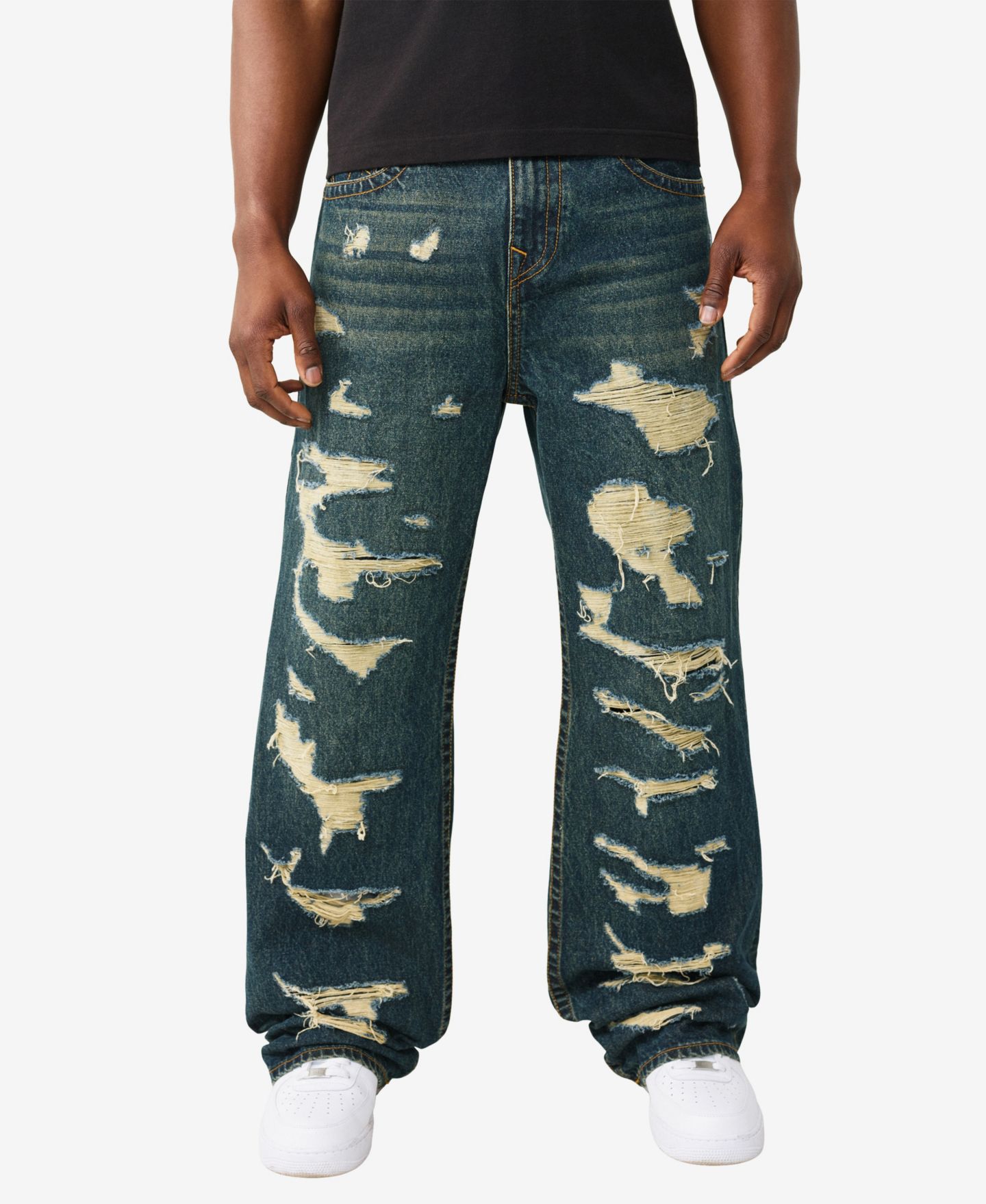 Мужские джинсы True Religion Regular-Fit Vinny Ultra Baggy Destroyed, цвет: Джинсовая тёмная варка — фото 1