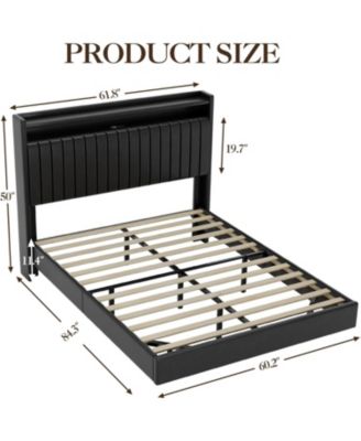 Full Floating Bed Frame RGB Led Charging Upholstered Headboard Storage Platform 50 Inch Leather