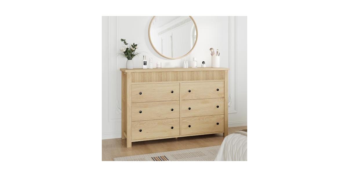 gaomon 6 Drawer Dresser for Bedroom, Wooden Chest of Drawers, Fluted Tv Stand, Storage Organizer for Living Room - Brown