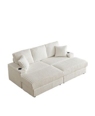 84" Corduroy 3-Seater Sofa w/ Pillows, Ottomans, Storage & Cup Holders