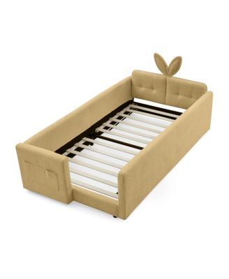 Twin Size Upholstered Platform Bed with Rabbit Ear Headboard & Safety Rail