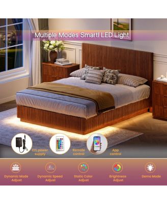 Queen Size Bed Frame with LED Lights, Modern Walnut Wood Design