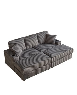 Streamdale 84" Corduroy 3-Seater Sofa w/ Pillows, Ottomans, Storage & Cup Holders