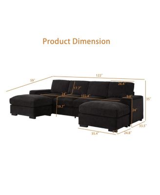Streamdale Black 4-Seat Corduroy Sectional Sofa Couch with 2 Ottomans