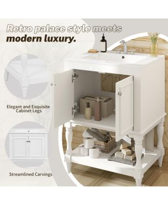 24" Bathroom Vanity with Ceramic Sink, Solid Wood Legs, Carved Palace Style Cabinet, Open Shelf for Small Bathroom