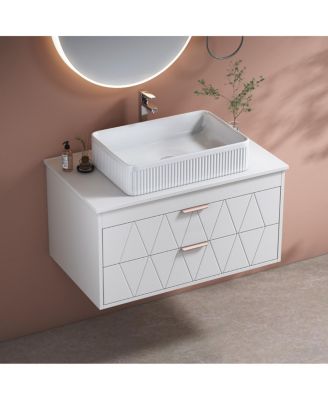 Floating Bathroom Vanity with Ceramic Vessel Sink, 2 Soft-Close Drawers, Modern Solid Wood Wall Mounted Cabinet