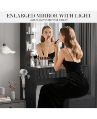 Modern Makeup Vanity Set with 12-LED Mirror, Stool, 2 Drawers, Shelves and Power Outlet