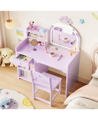 Kids Vanity Set with Lighted Mirror, Chair, Drawer and Open Storage Shelves