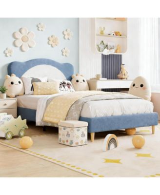 Panda Princess Bed Frame for Kids, Velvet Upholstered Platform with Solid Wood Slats, No Box Spring