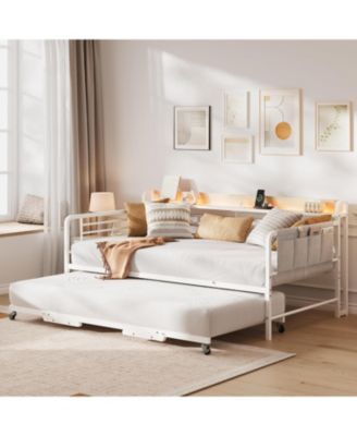 Daybed with Trundle Bed, Twin Bed Frame with Storage Headboard & Charging Station and LED Light, Heavy Duty Metal Day Bed Pop Up Trundle Bed