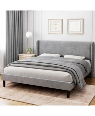 Upholstered Bed Frame With Wingback Velvet Upholstery Wooden Slats Box Spring Optional