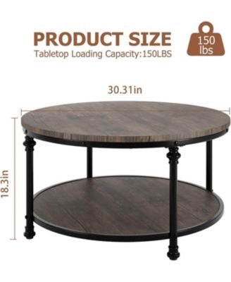 Round Rustic 2-Tier Wood Coffee Table with Metal Legs and Storage Shelf