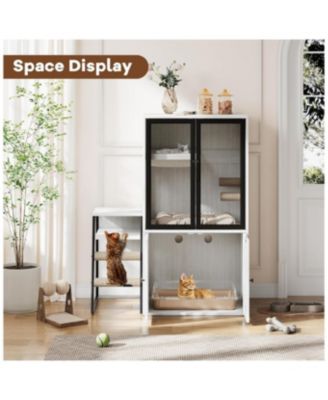 2-in-1 Cat Litter Box Enclosure Furniture with Doors, Double Layer Cat House and Storage Cabinet