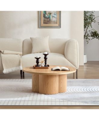 Modern Round Coffee Table with Curved Legs, Natural Wood Veneer Accent for Living Room, Bedroom, Apartment