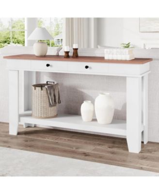 54" Farmhouse Rectangular Wooden Console Table with Drawers and Open Shelf