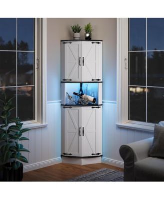 64.6" Farmhouse Corner Cabinet with LED Light, Tall Bathroom Cabinet with 4 Barn Doors and 5 Tier Shelves, Freestanding Corner Bar Cabinet