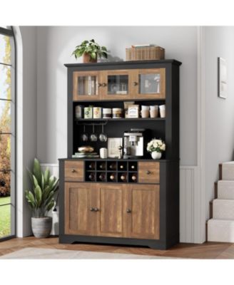 68.7" Coffee Bar Cabinet with LED Light & Power Outlet, Farmhouse Kitchen Hutch with 2 Storage Drawers, Wine Glass Rack, Adjustable Shelves