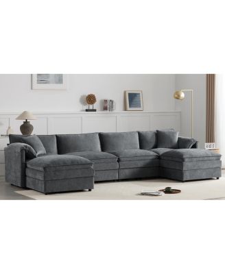 136" Chenille Modular Sectional Sofa with Deep Seat & Movable Ottoman