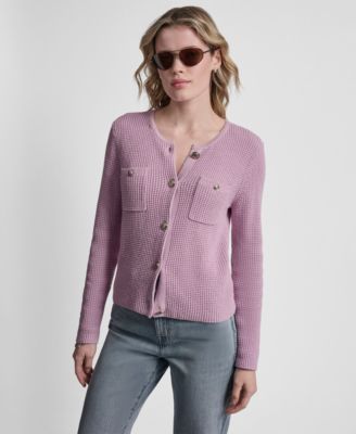 Women's Long-Sleeve Tuck Stitch Crewneck Cardigan