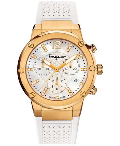 Ferragamo Women's Swiss Chronograph F-80 Diamond (1/10 ct. t.w.) White Caoutchouc Strap Watch 39mm FIH03 0015
