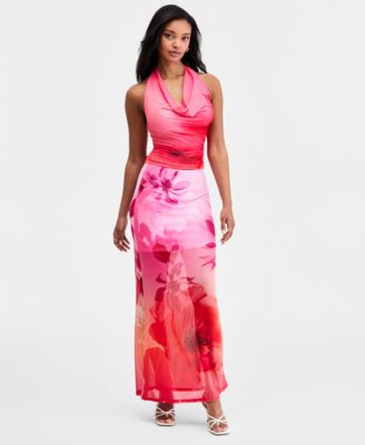 Women's Floral-Print Mesh Maxi Skirt
