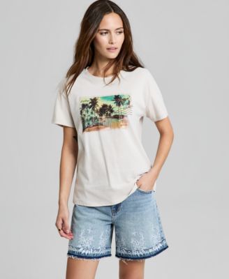 Women's Cotton Postcard-Print T-Shirt