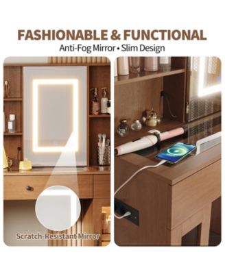 Large Makeup Vanity Desk with 3-Color LED Sliding Mirror, Drawers and Power Outlets