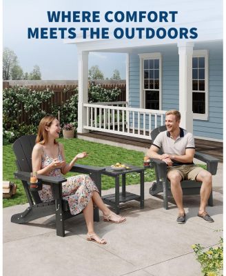 Folding Adirondack Chair Set of 2, All-Weather HDPE Outdoor Chair, Wooden Textured with Cup Holder for patios, Decks, Gardens, fire pits