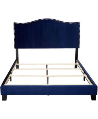 Transitional Upholstered Bed Velvet with Nailhead Trim and Espresso Wood Legs