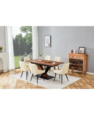 Modern Dark Walnut Marble Dining Table with V-Shaped Metal Legs