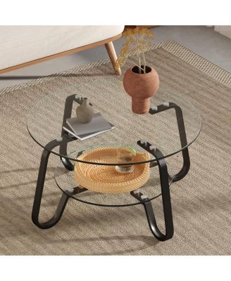 Retro minimalist metal frame double-layer tempered glass coffee table