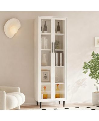 71" Glass Door Bookshelf 5-Tier Display Cabinet Narrow Storage