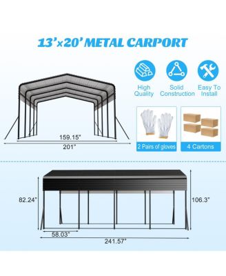 13x20 FT Metal Carport w/ Reinforced Frame & 4 Poles, Steel Roof Shelter