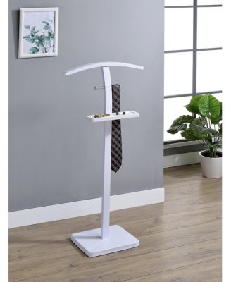 Freestanding Clothing Valet Rack Stand, Metal & Wood Suit Rack with Clothing Bar, Accessory Tray & 2 Hooks for Bedroom or Closet