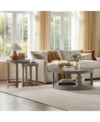 24" 2PC Curved Round Wooden Coffee Table Set, Mid Century Rustic Side/End Table