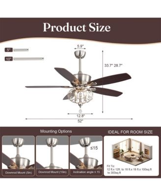 52-inch Modern Farmhouse Brown 5 - Blade Ceiling Fan with Crystal Accents