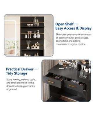 Makeup Vanity Set with Lighted Mirror, Chair, Drawers, Open Cabinet and Charging Station